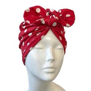 Vintage inspired 1940s 1950s style red polka dot spot stretch jersey turban hat with a bow Retro pin up head wrap Cute hair loss headwear