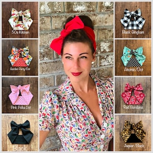 New! Retro Bow Top Headband Miranda Hair Wrap Polka Dot Gingham Cherries Fruit MCM Diner Wide Head Scarf Band 1950s 1960s Rockabilly Vintage