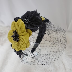 Black and Yellow Flower Headband with Veil – Vintage-Inspired Fascinator, Elegant Floral Hair Accessory, for Weddings & Tea Parties